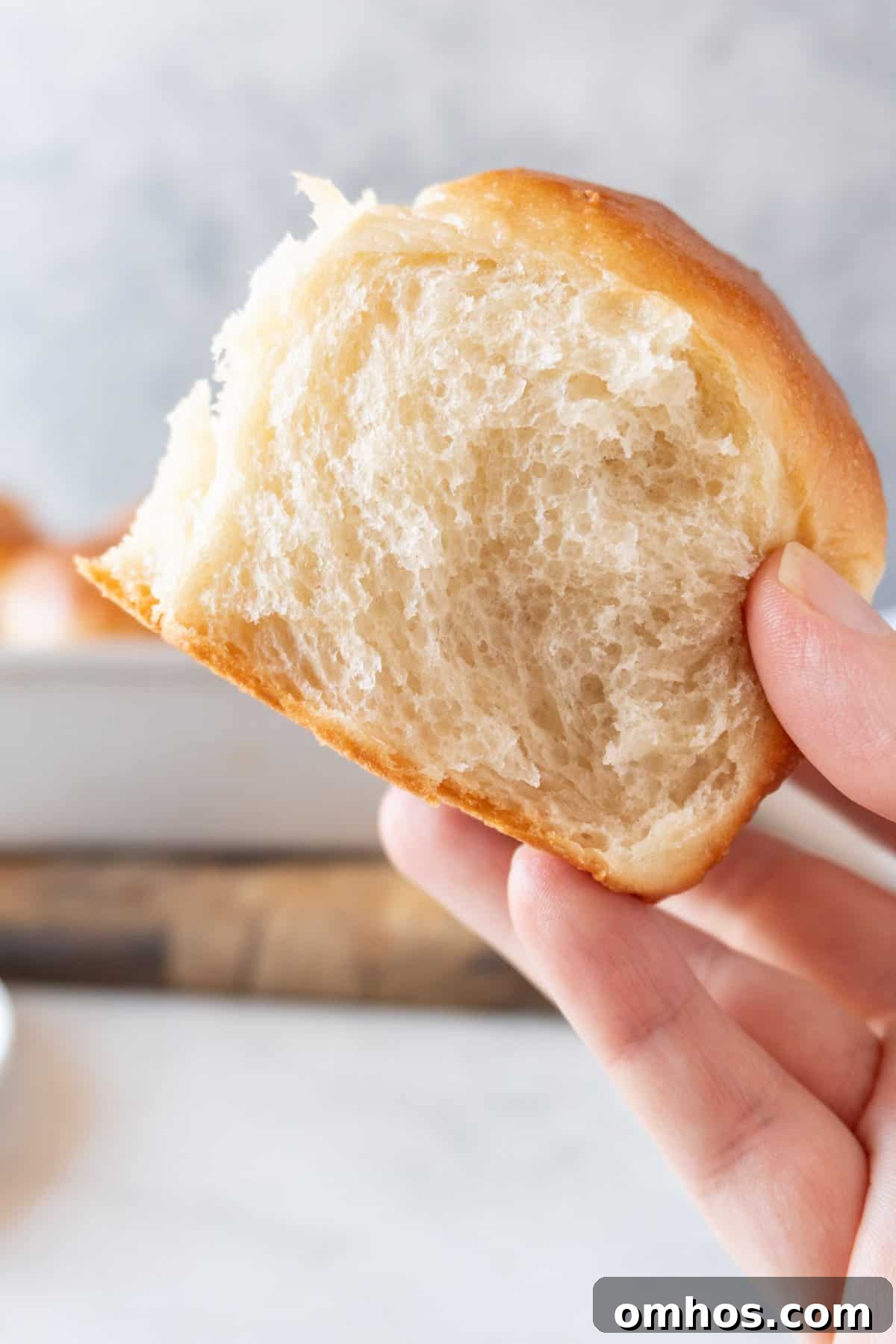 Fluffy Soft Dinner Rolls: Buttery Homemade Recipe 2 holding a soft dinner roll showing tender crumb.