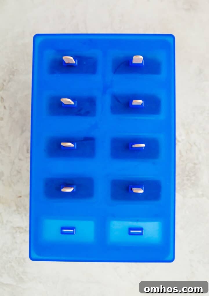 A popsicle mold with popsicle sticks sticking out of the top.
