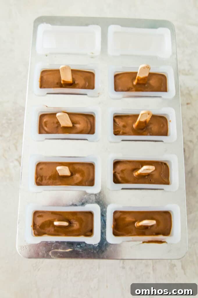 A popsicle mold with chocolate popsicles in it.