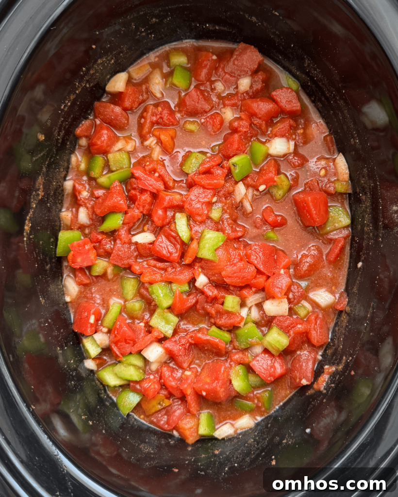 overhead shot of uncooked slow cooker shakshuka in a black slow cooker