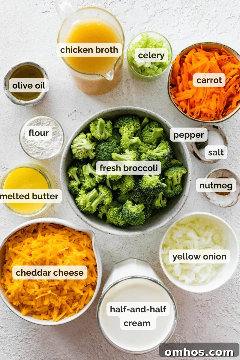 Recipe ingredients for copycat panera broccoli cheddar soup recipe.