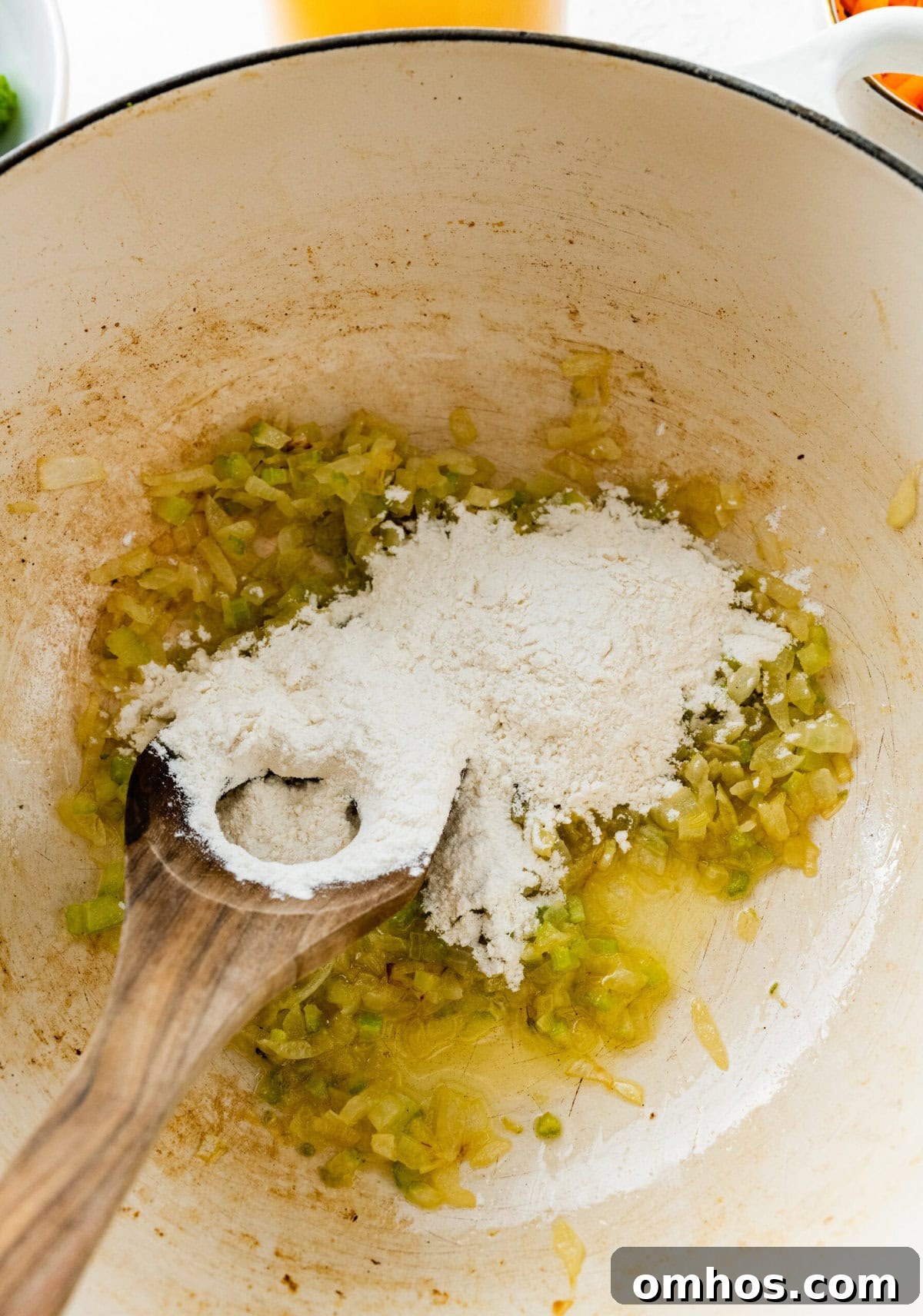 How to Make Copycat Panera Broccoli Cheddar Soup step-by-step: add the flour and make a roux.