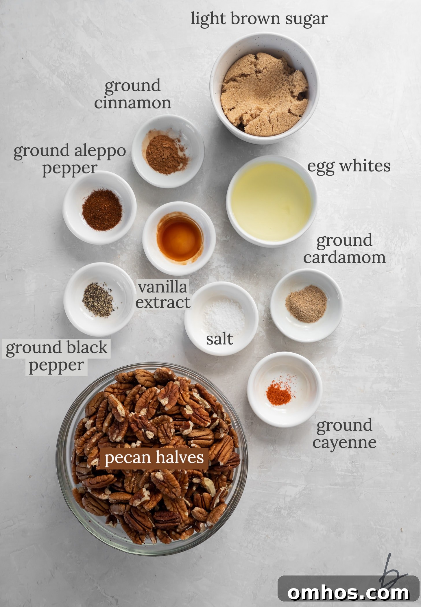 spiced pecans ingredients in bowls labeled with text.