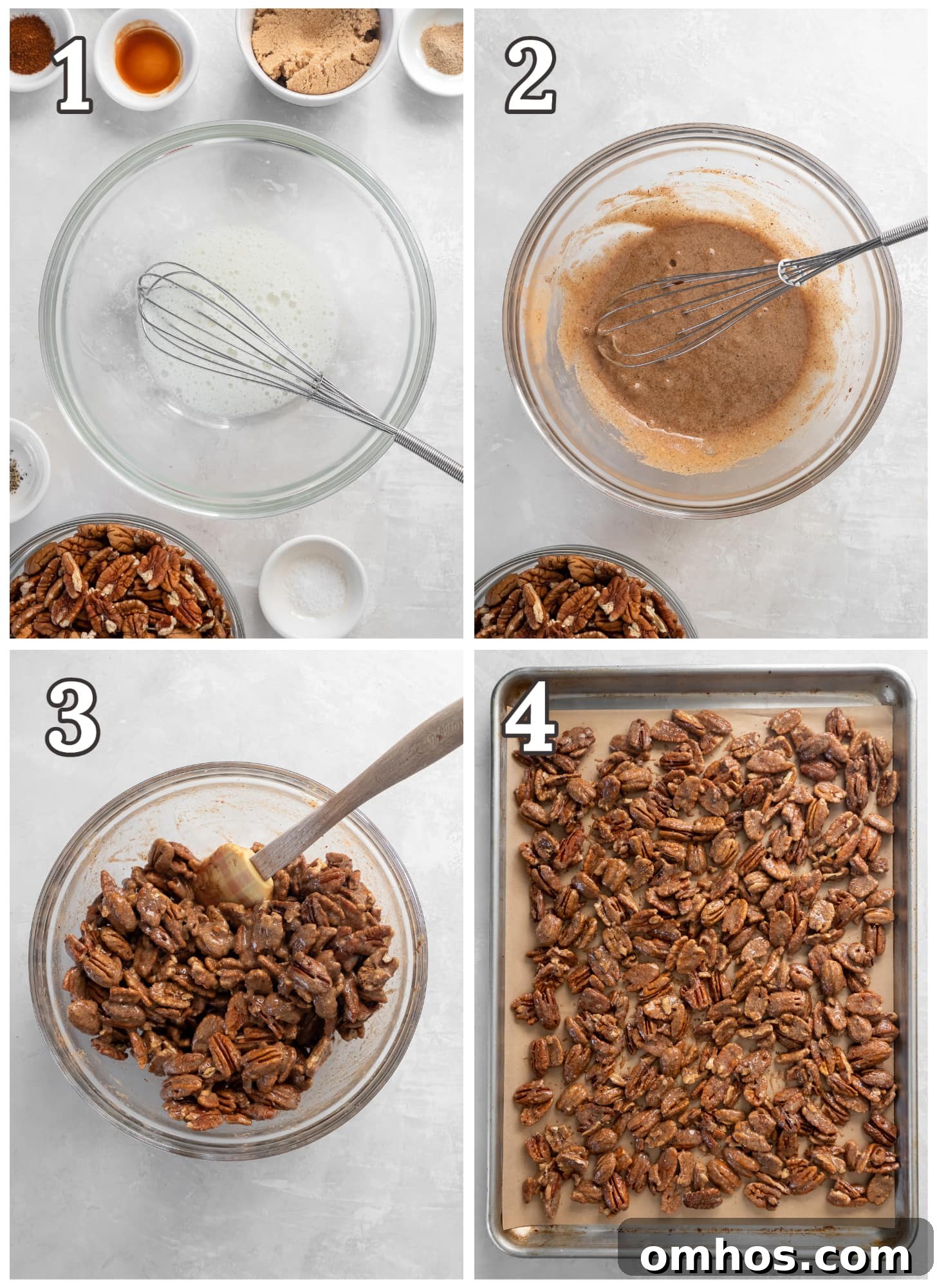 photo collage demonstrating how to make spiced pecans.