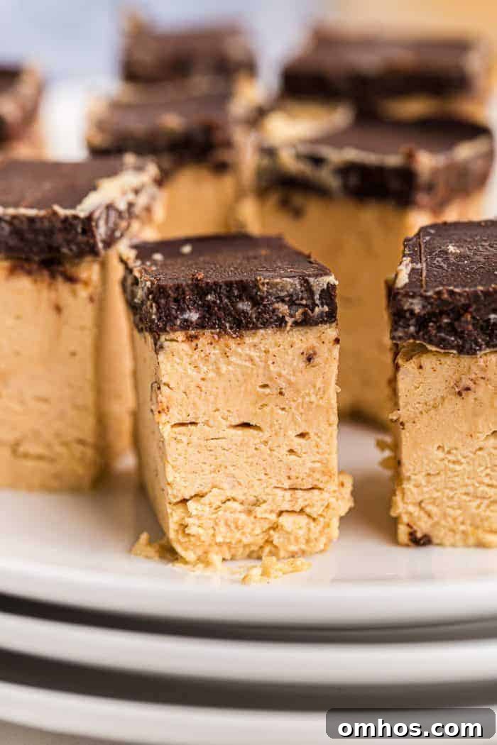 closeup of a keto peanut butter dessert piece with a chocolate fat bombs topping