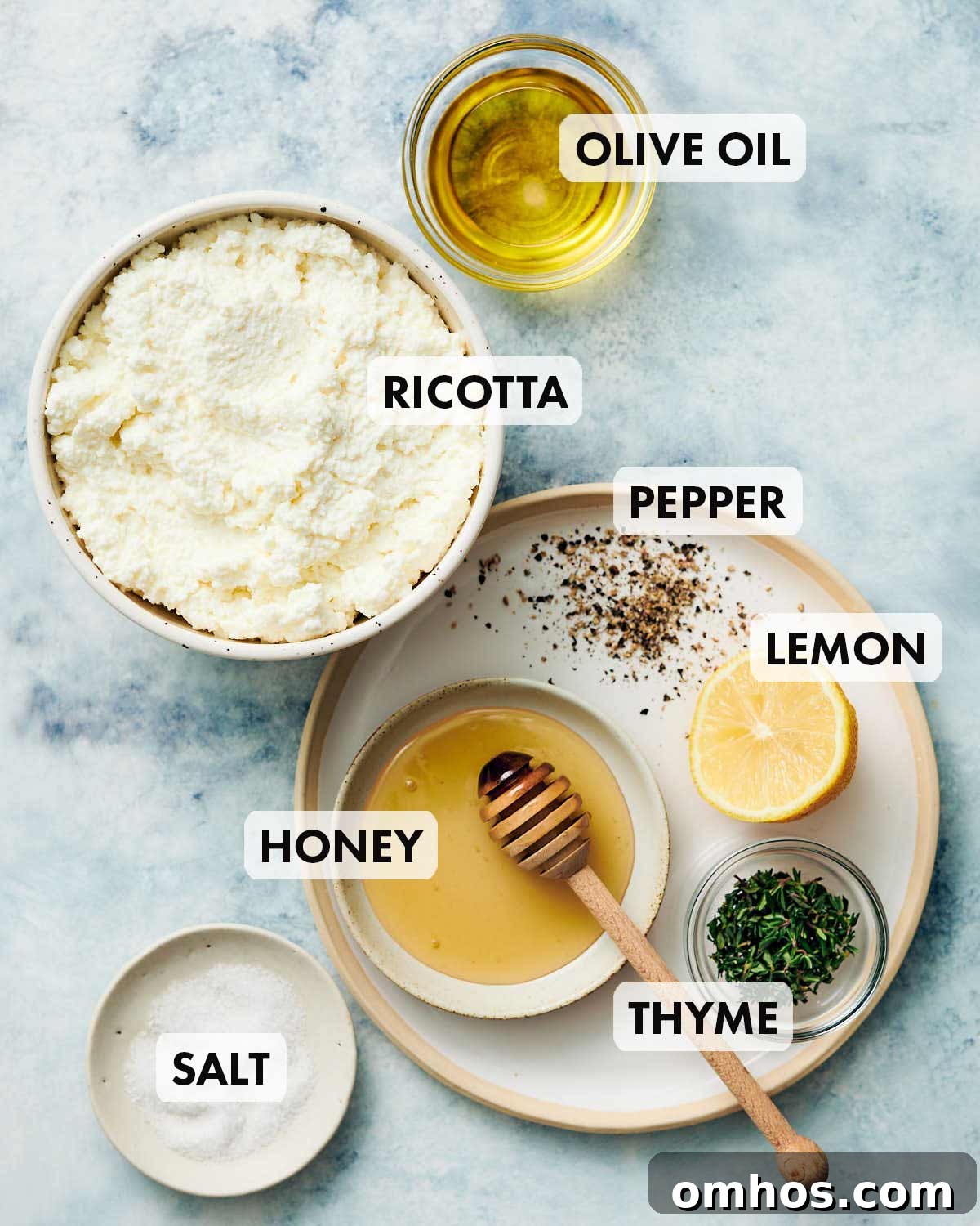 Creamy Whipped Ricotta Dip with Honey 3 Ingredients to make whipped ricotta dip, imcluding honey and thyme.