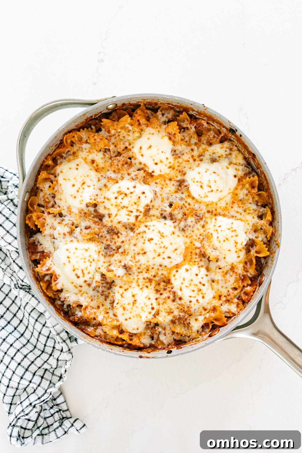 An overhead image of a pan of skillet lasagna