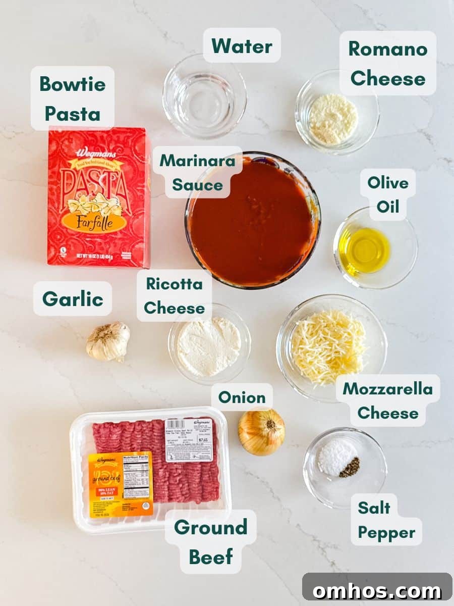 An overhead image of labeled recipe ingredients.