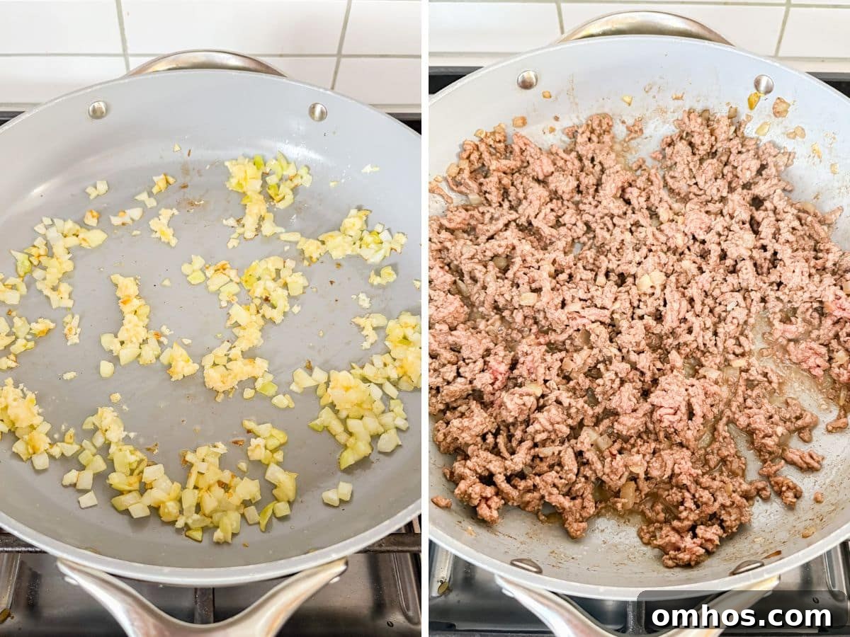 Onions and garlic sautéing in oil and then browned ground beef in the pan.