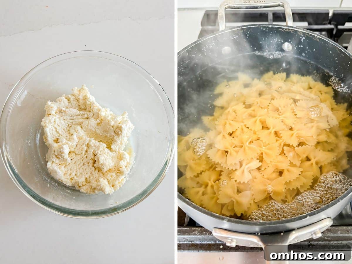 The ricotta cheese mixture in a bowl and pasta being boiled.