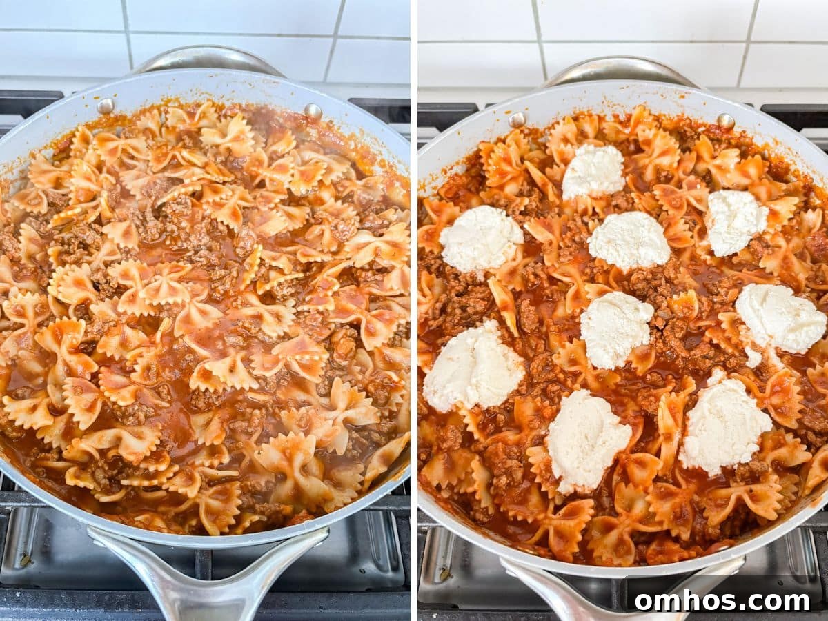Pasta and sauce mixed in with the beef and then dollops of the ricotta mixture on top.