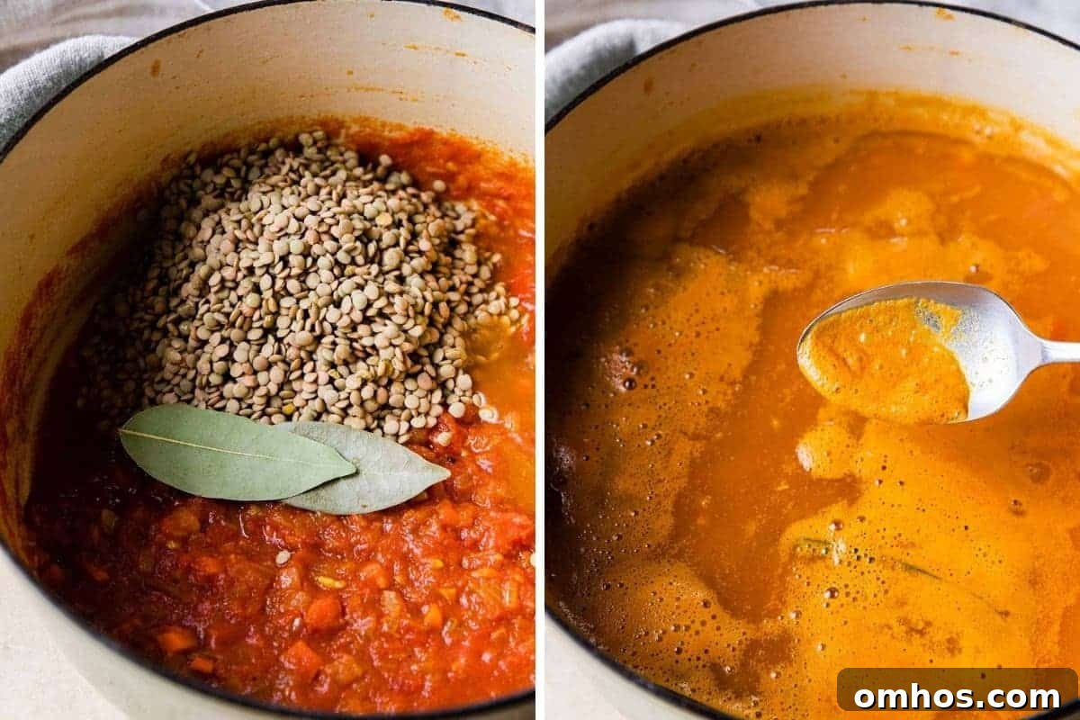 lentils and bay leaves added to pot. Skimming the scum or froth from the surface of the soup.