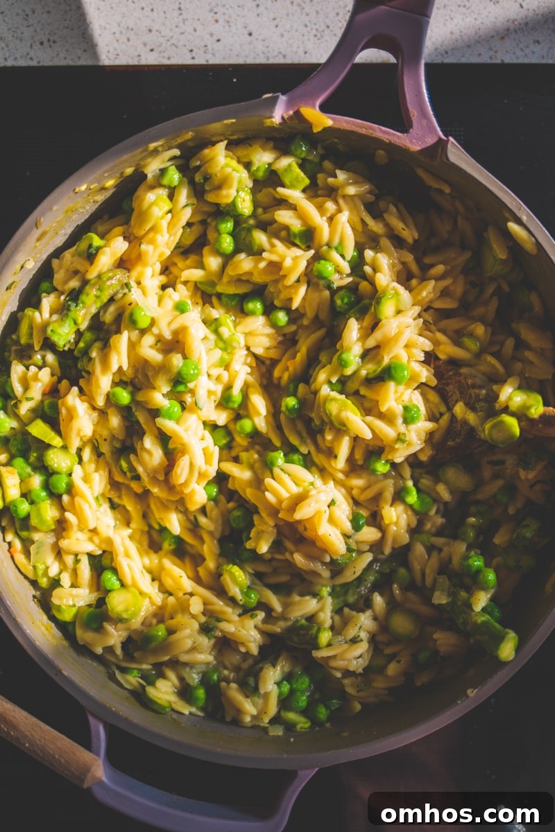 Asparagus & Pea Orzotto in a pan - Georgie Eats