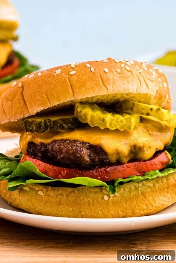 Crispy Air Fryer BBQ Ribs Recipe with Sticky Glaze 11 Juicy hamburger topped with cheese, lettuce, tomato and pickles, on a bun.