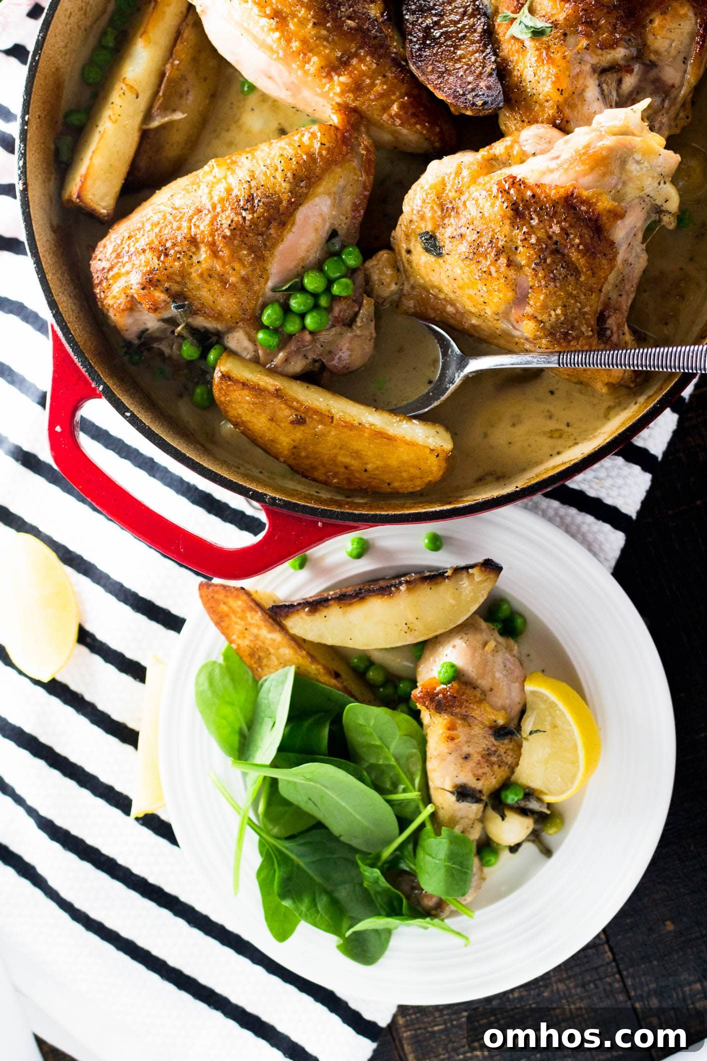 Close-up of roasted chicken and potatoes