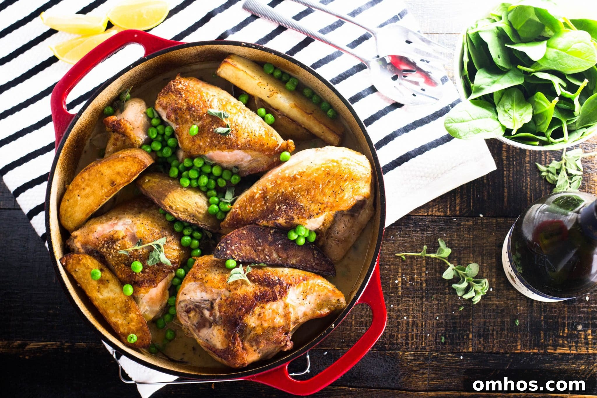Plated Chicken Vesuvio with peas and potatoes