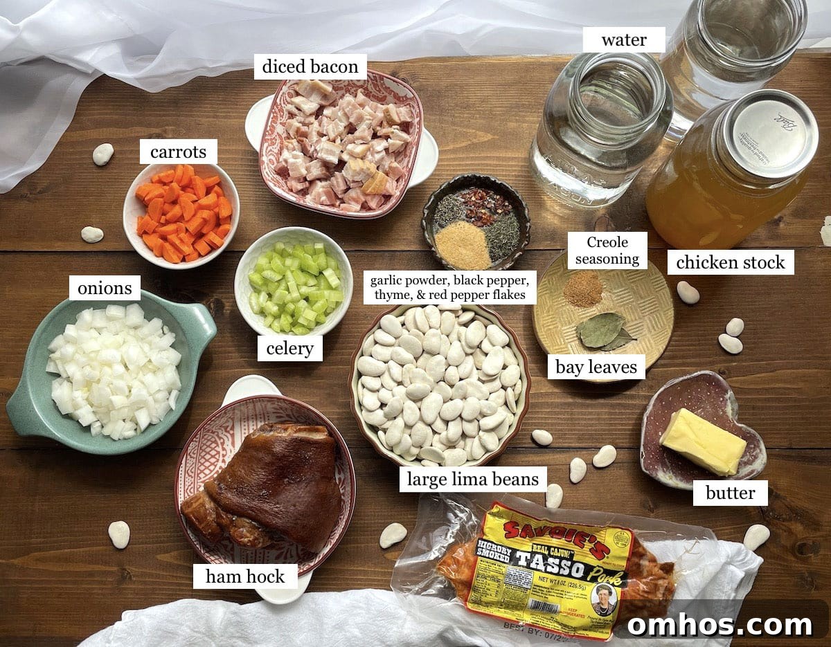 The ingredients in Southern butter beans laid out and labeled.