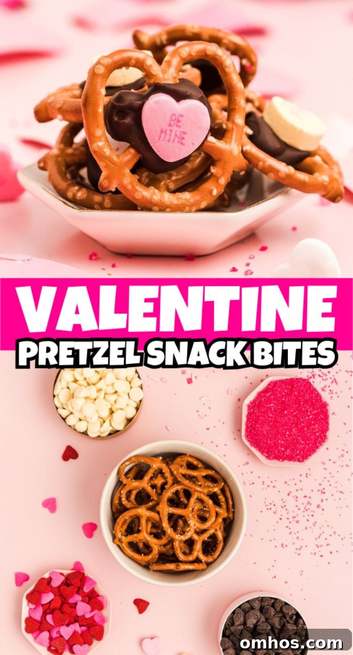 Valentine Pretzel Snack Bites Recipe 18 Bowl of Valentine Pretzel Snack Bites with chocolate, candy hearts, and sprinkles on a pink Valentine's Day background.