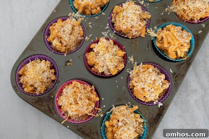 Mac and Cheese Muffins Tray of Mac and Cheese Muffins with bread crumb topping