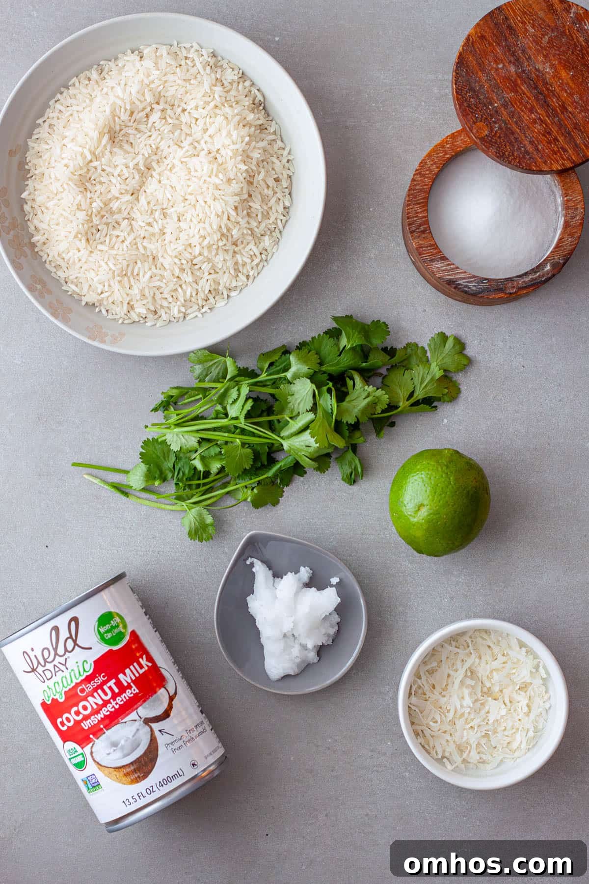 Fragrant Coconut Cilantro Rice Recipe 3 Ingredients for coconut cilantro rice on a gray table.