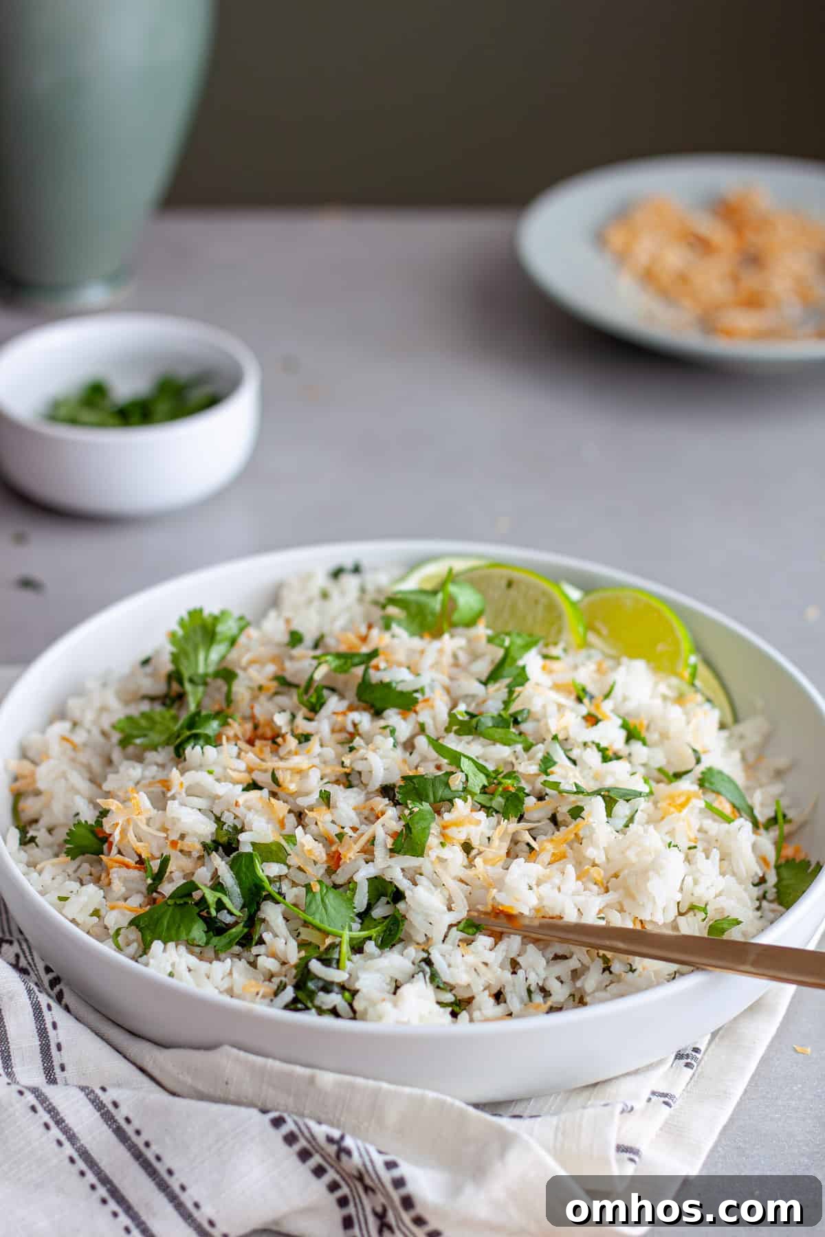Fragrant Coconut Cilantro Rice Recipe 10 A serving bowl of coconut cilantro rice topped with toasted shredded coconut and cilantro.