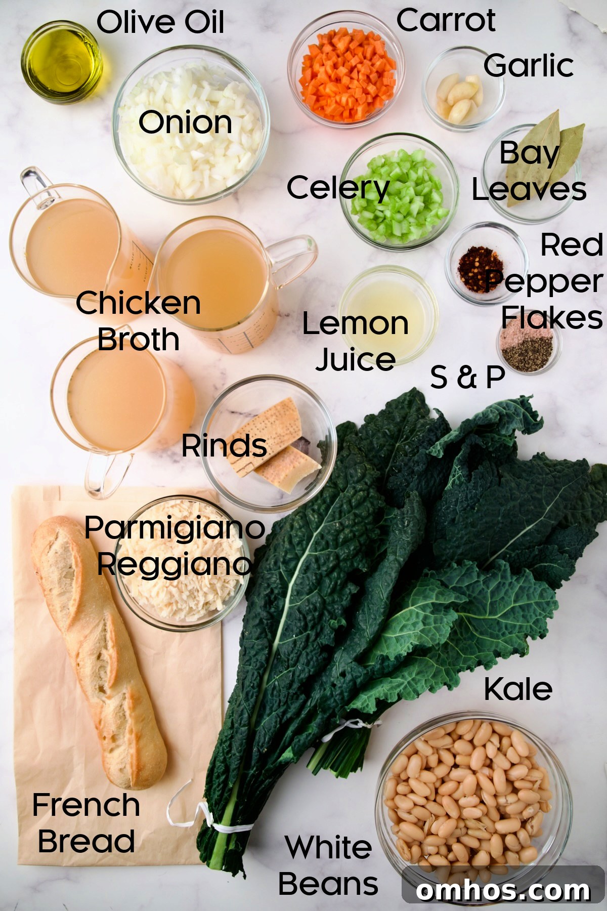 Ingredients for White Bean Kale Soup with Parmesan Toast in glass bowls.