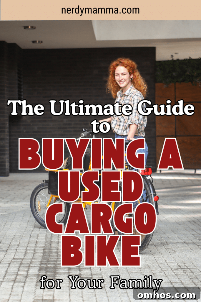 A smiling woman stands next to a yellow cargo bike in an urban setting, ready for a ride with her stylish and practical family-friendly bike.