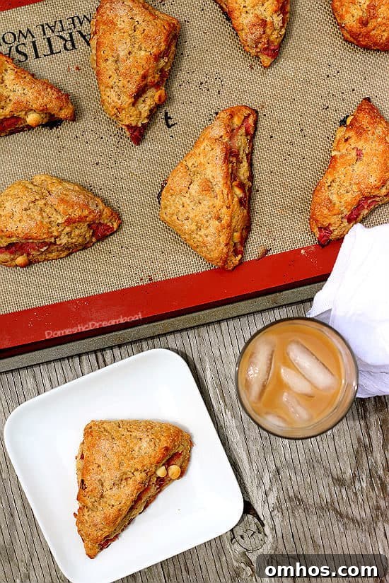 Overhead photo of Roasted Rhubarb Scones with White Chocolate