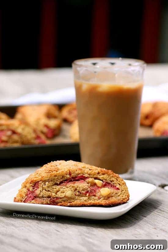 Roasted Rhubarb Scones with White Chocolate on a small white plate.