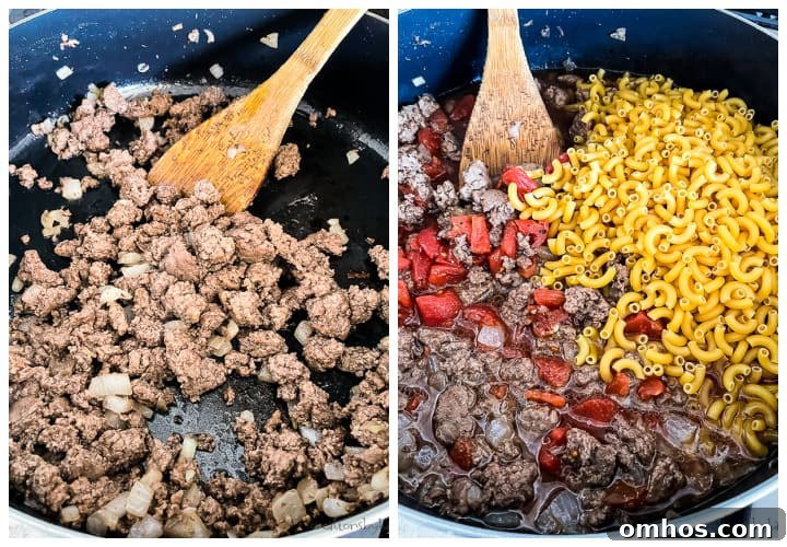 One-Pot Homemade Cheeseburger Macaroni Recipe 2 process shot- cooking meat and pasta for cheeseburger mac and chees