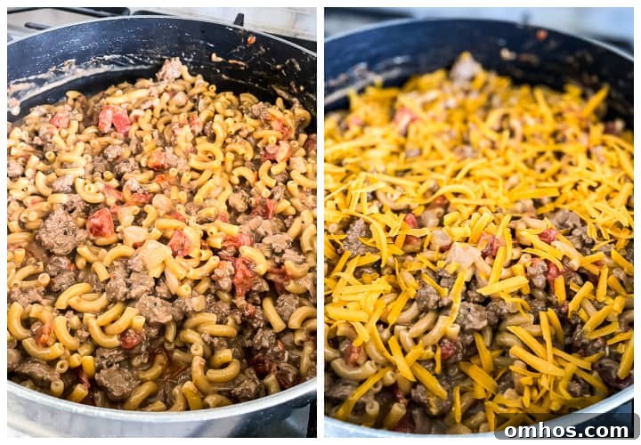 One-Pot Homemade Cheeseburger Macaroni Recipe 4 process shots- adding cheese to hamburger mac and cheese