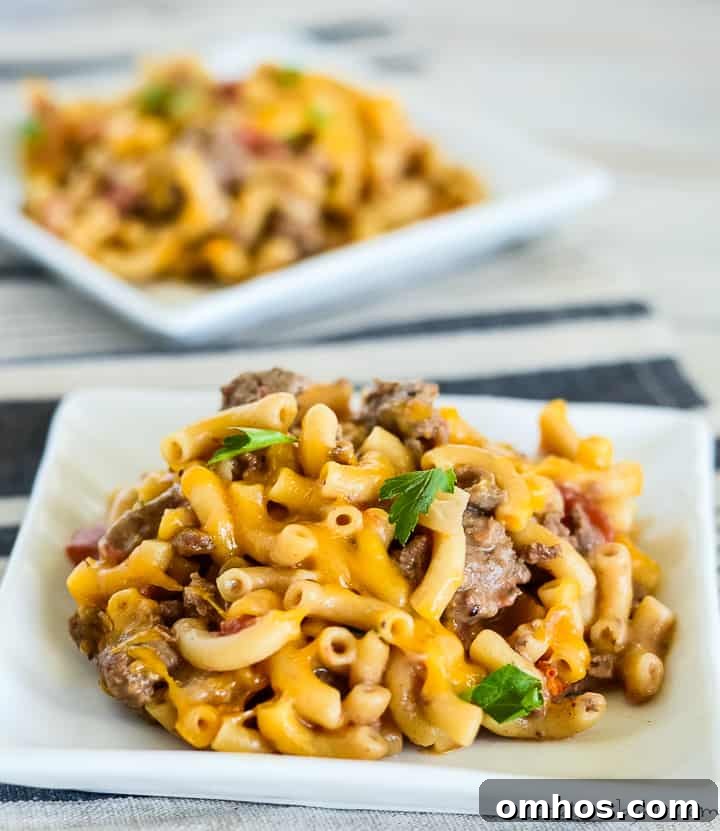 Plate of Cheeseburger Macaroni plate of ground beef mac and cheese