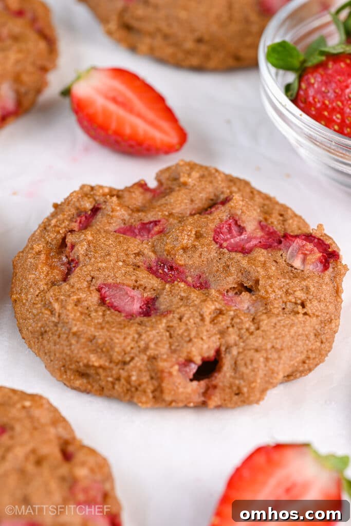 Greek Yogurt Protein Cookies Recipe 2 Close-up of freshly baked protein Greek yogurt cookies made with Greek yogurt and diced strawberries. The cookie has a soft texture with juicy strawberry pieces visible throughout. A sliced strawberry is placed beside it on parchment paper.