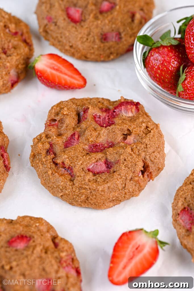 Greek Yogurt Protein Cookies Recipe 3 A batch of Greek yogurt protein cookies with diced strawberries, laid out on parchment paper. The cookies have a golden-brown surface with bright red strawberry pieces, and a glass bowl of fresh strawberries is placed beside them.