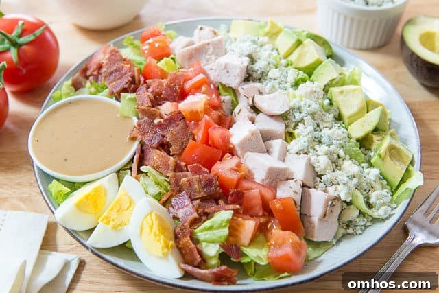 Classic Cobb Salad with Bacon, Avocado and Blue Cheese 3 Cobb Salad Recipe - With Homemade Dressing and Salty Blue Cheese Crumbles