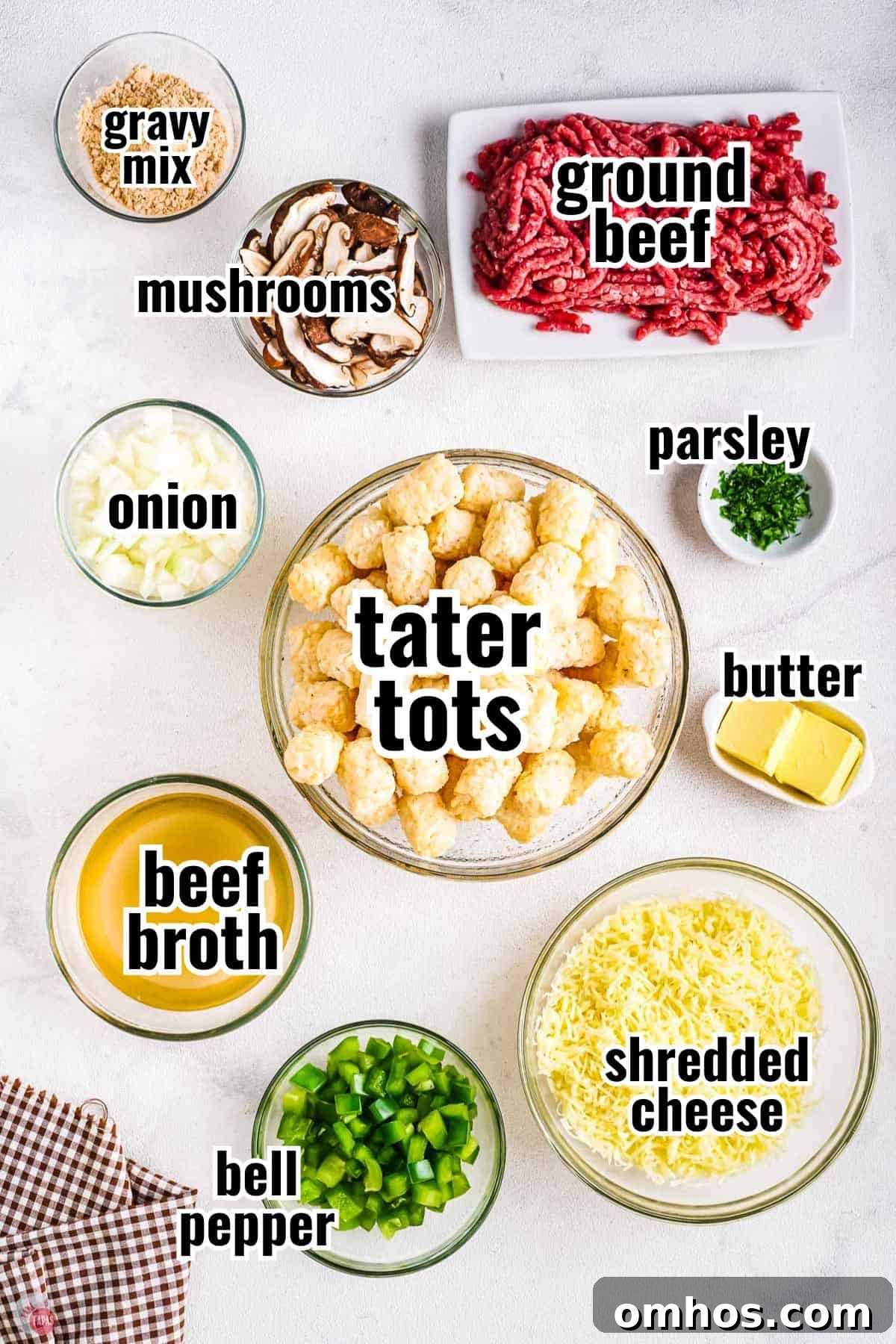 ingredients for a tater tot casserole in individual bowls with text overlay labeling them