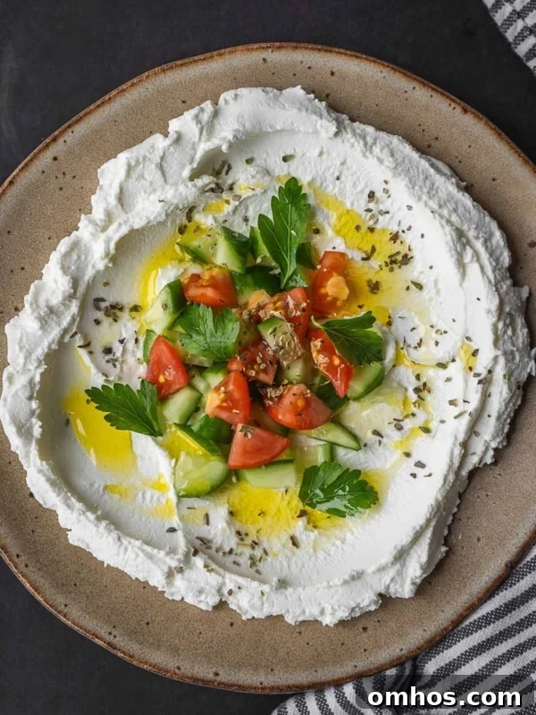 A plate of labneh topped with tomatoes and cucumbers.
