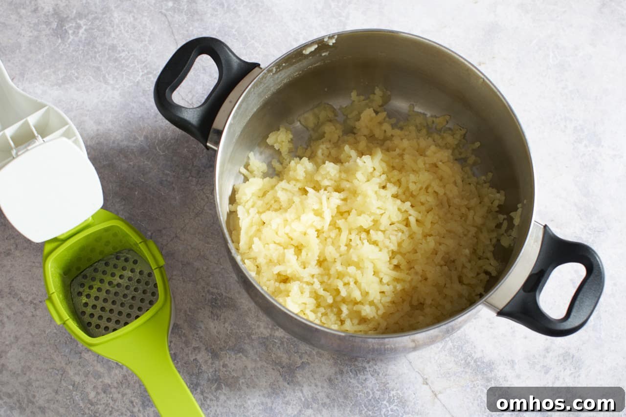 A potato ricer next to a pot filled with riced potatoes.
