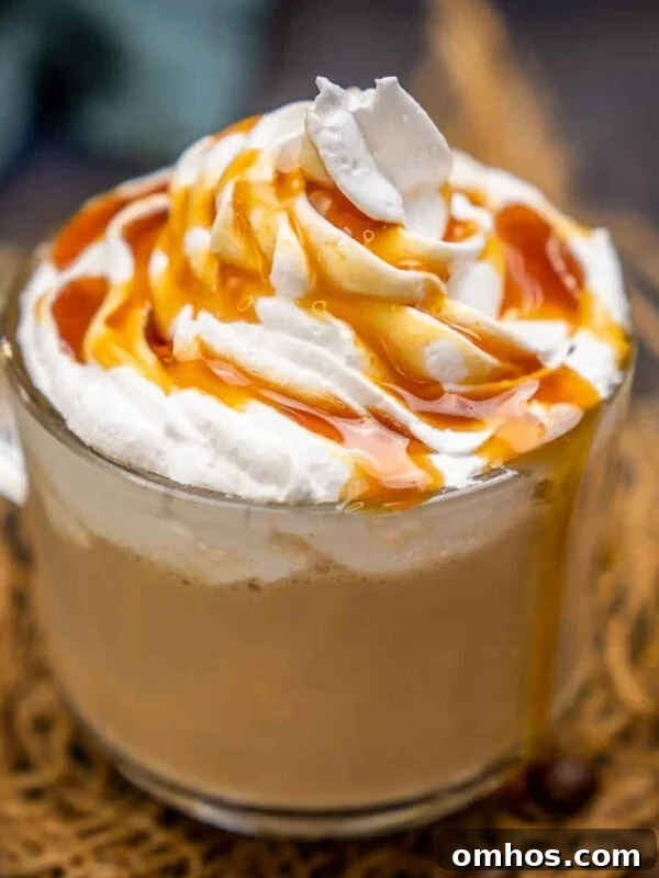 Hot caramel latte served in a mug.