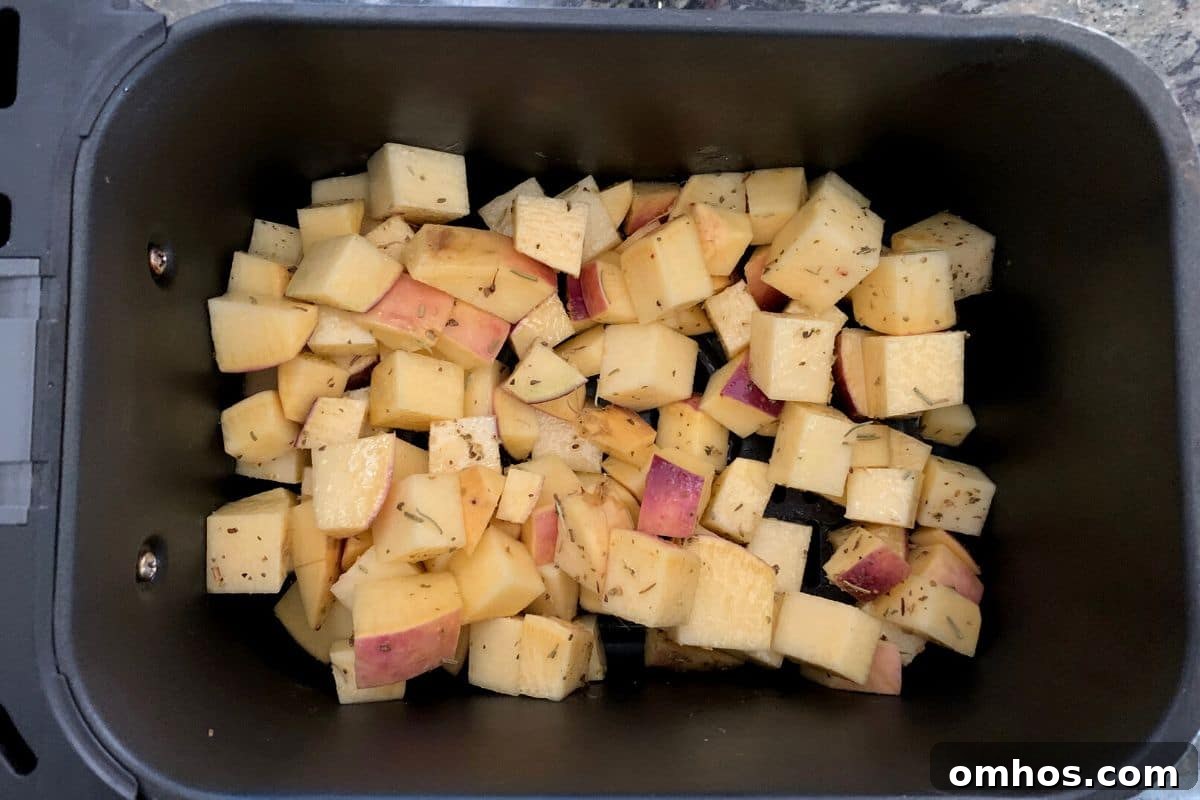 Crispy Air Fryer Rutabaga Fries 3 Seasoned rutabaga cubes in the air fryer basket.