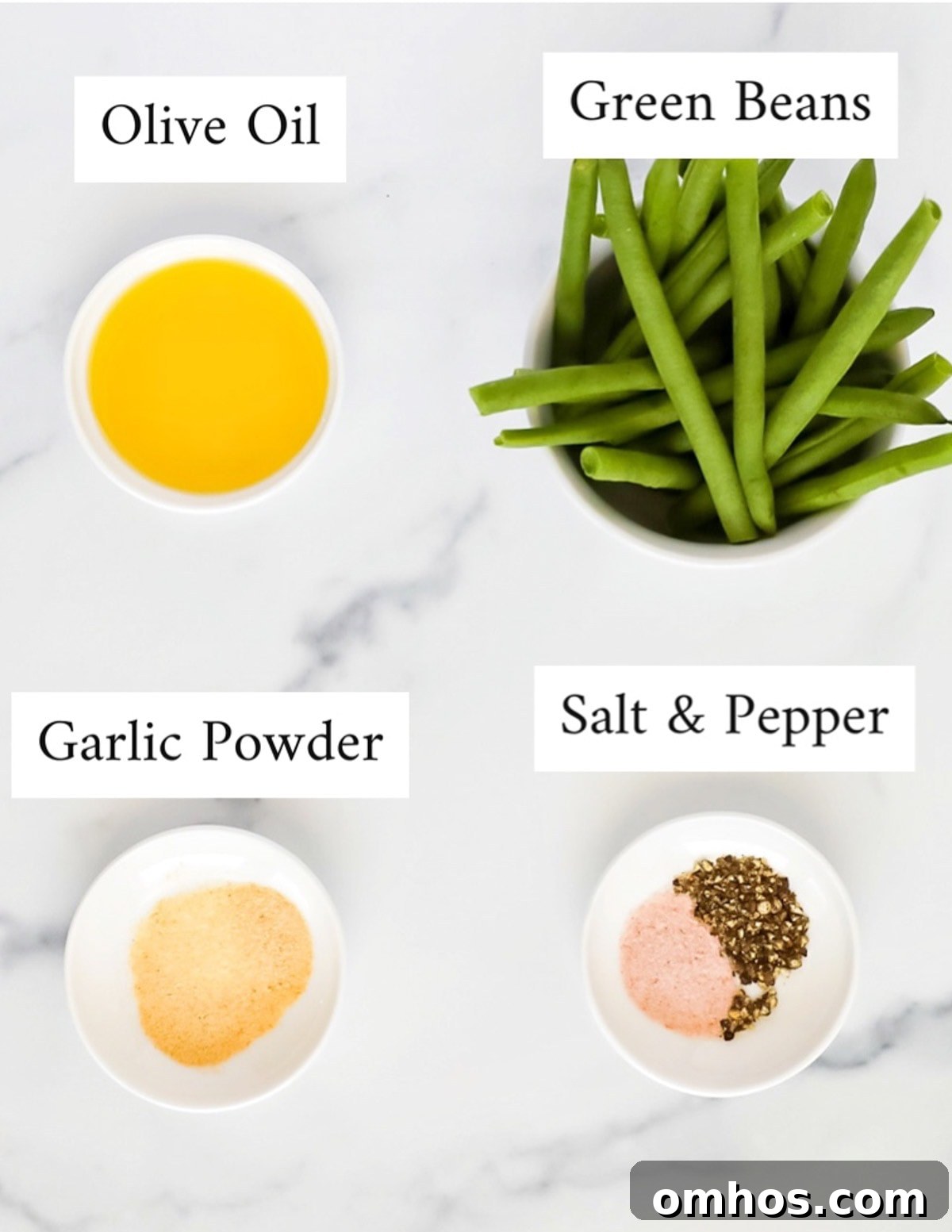 Labeled ingredients including: olive oil, green beans, garlic powder, salt & pepper