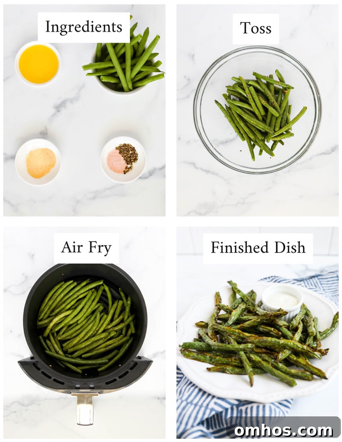 4 pictures of step by step instructions for making green beans. 1. a picture of the ingredients (olive oil, beans, garlic powder, salt and pepper), beans in a clear glass bowl, green beans in the air fryer, a finished dish of air fryer green beans