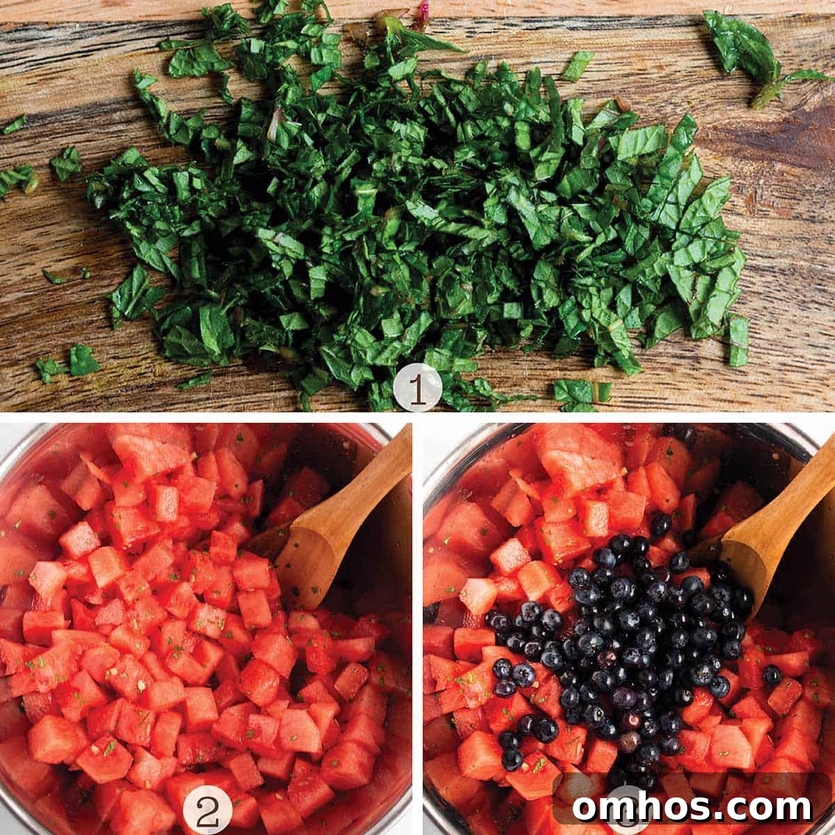 Three photo collage, one with diced mint and the other two with a bowl of watermelon, mint and blueberries being mixed together.