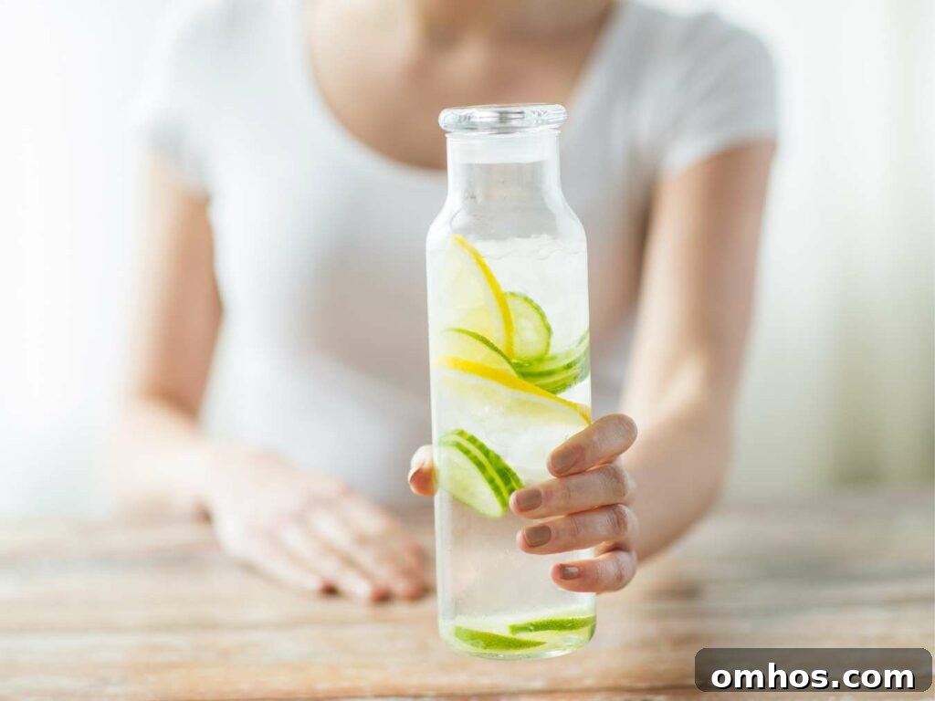 A person holding a clear bottle of water infused with lemon and cucumber slices, standing behind a wooden table.