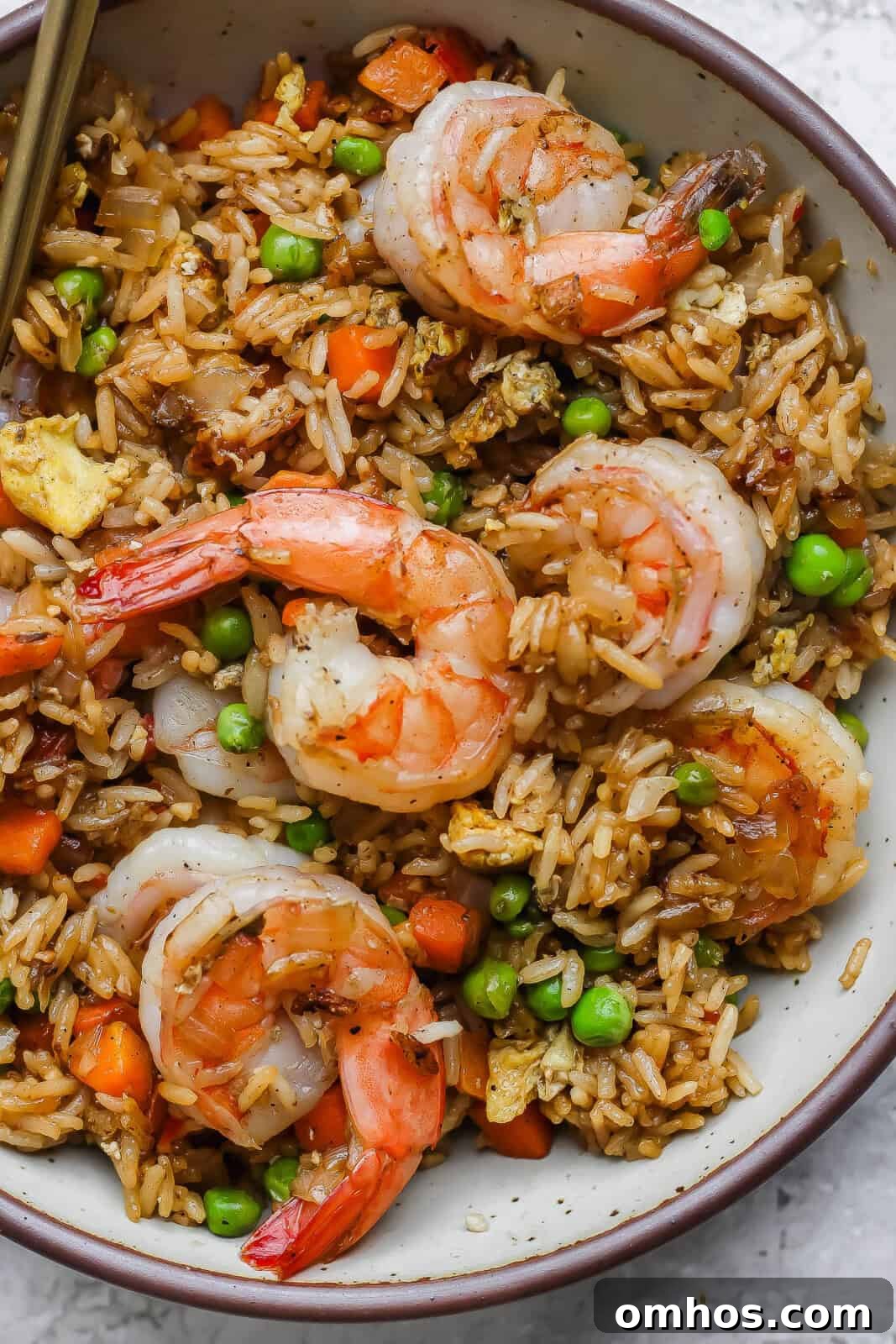 Blackstone shrimp fried rice in a bowl.