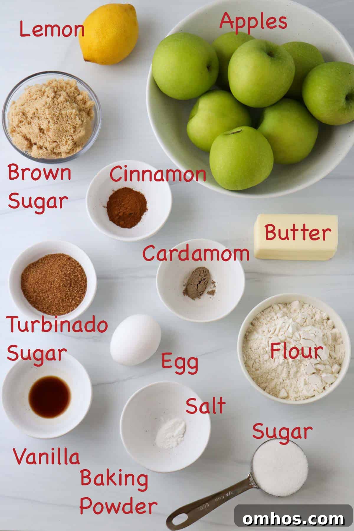 Labeled ingredients for Swedish Apple Pie.