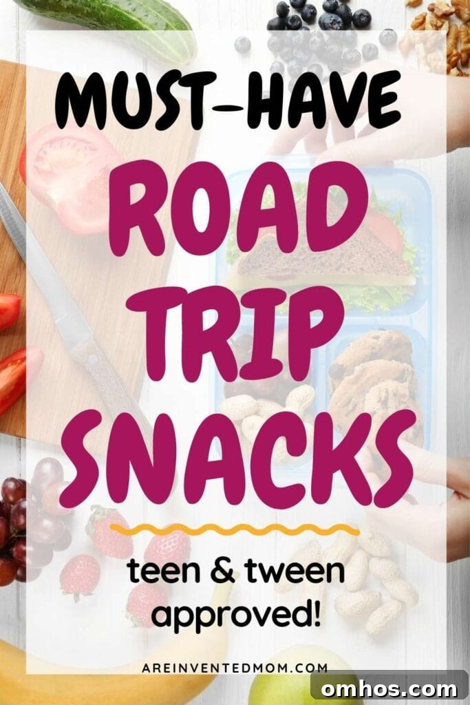 Fresh fruits, vegetables, nuts, cookies and sandwich with road trip snacks graphic overlay