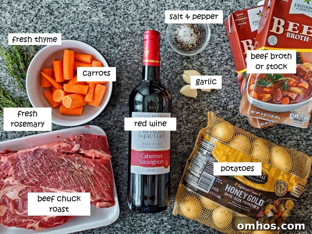 ingredients needed for pot roast labeled and measured on granite countertop.