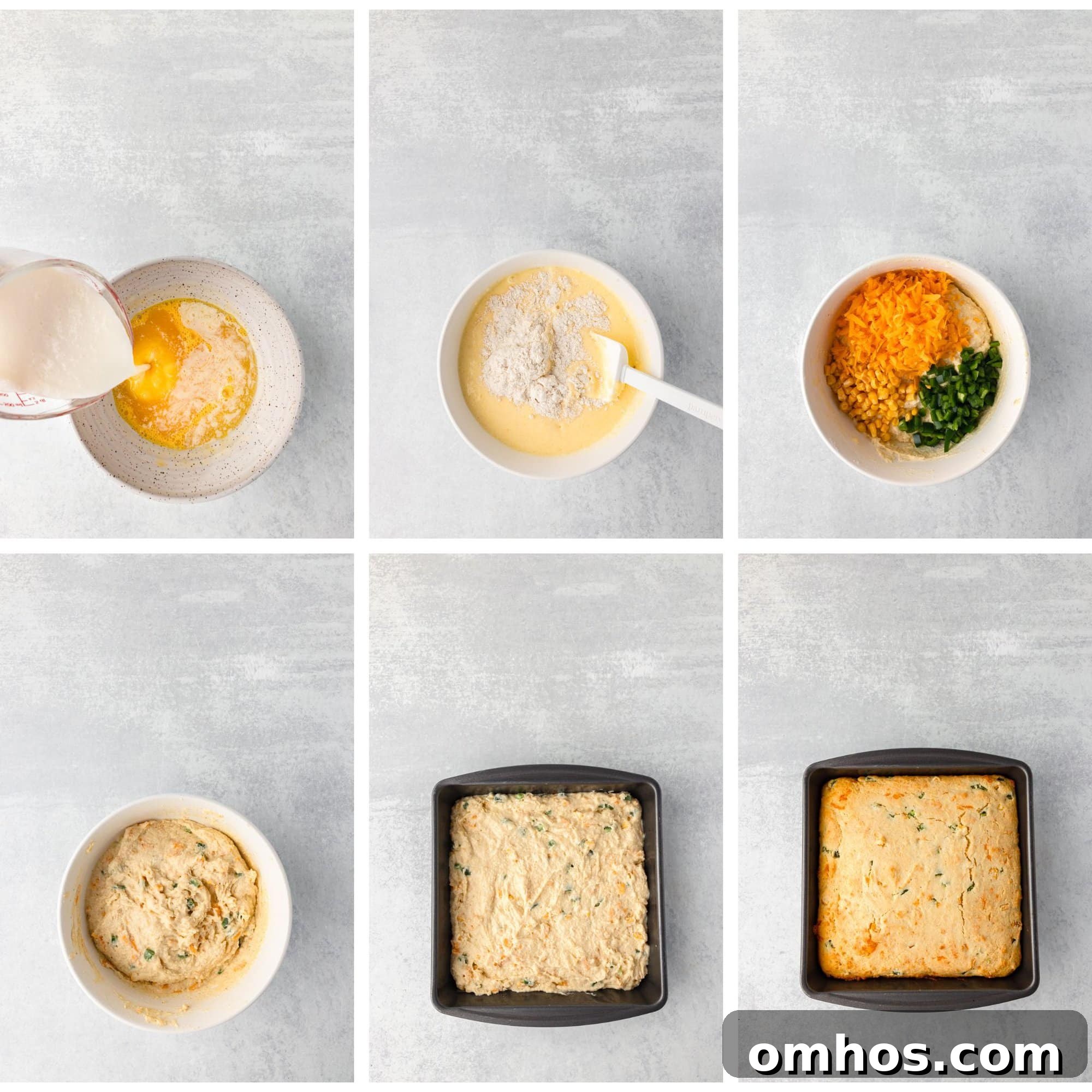 Skillet Jalapeño Cornbread Recipe 5 Six-step recipe collage for cheesy bread: pouring milk into beaten eggs, mixing batter, adding cheese and herbs, dough in pan, baked golden cheesy bread.