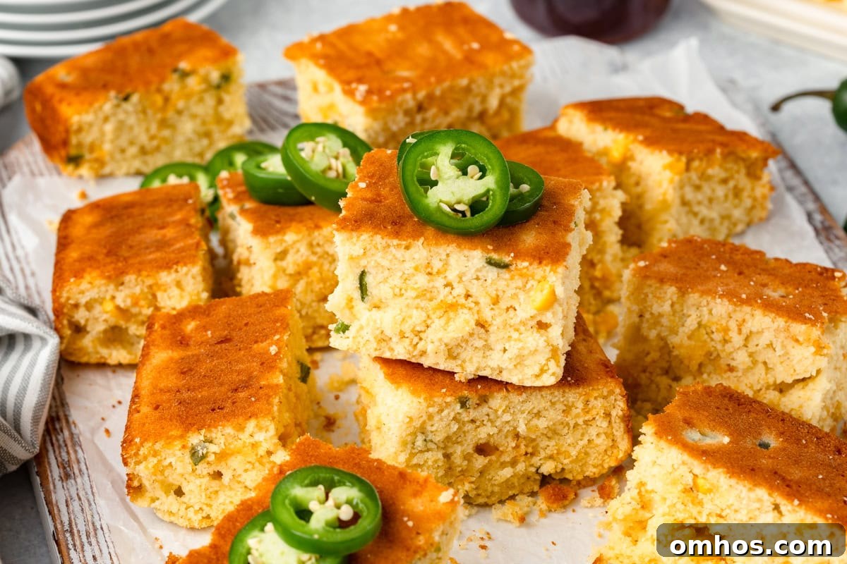 Skillet Jalapeño Cornbread Recipe 7 Slices of cornbread topped with sliced jalapeños are neatly arranged on a piece of parchment paper.